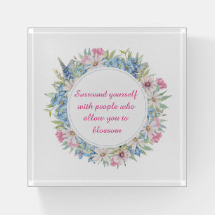 Motivational Quote Pink White Blue Floral Wreath Paperweight