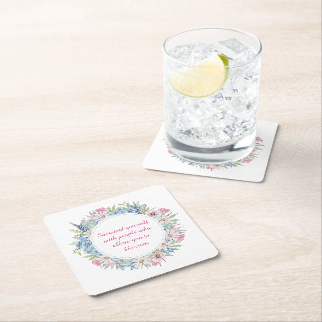 Motivational Quote Pink White Blue Floral Wreath Square Paper Coaster (Insitu)