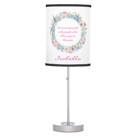 Motivational Quote Pink White Blue Floral Wreath Table Lamp (Front)