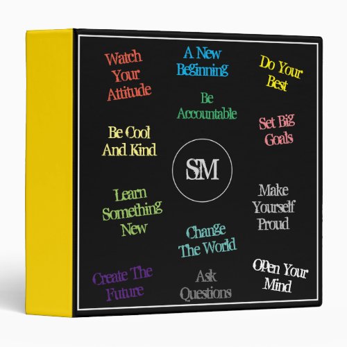 Motivational Quotes Any Initials Black and Gold 3 Ring Binder