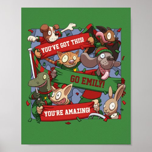 Motivational Scarf Waving Animal Fans Cartoon Poster