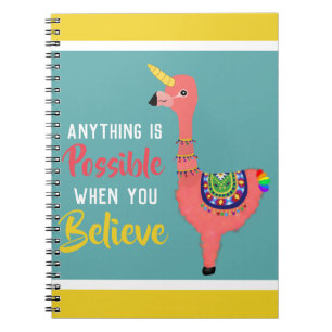 Motivational Unicorn Flamingo llama Believe Quote Notebook