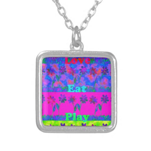 Motivational Vibrant Eat Love  Play Art Print  Silver Plated Necklace