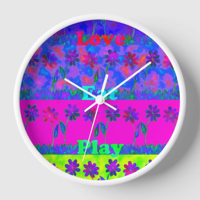 Motivational Vibrant "Eat Love & Play" Art Print Wall Clock (Front)