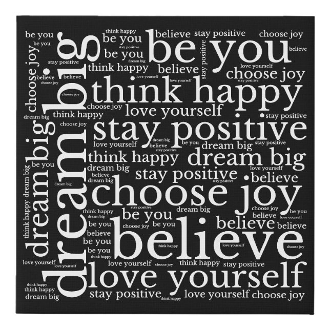 Motivational WordArt Pattern White Text Black Faux Canvas Print (Front)