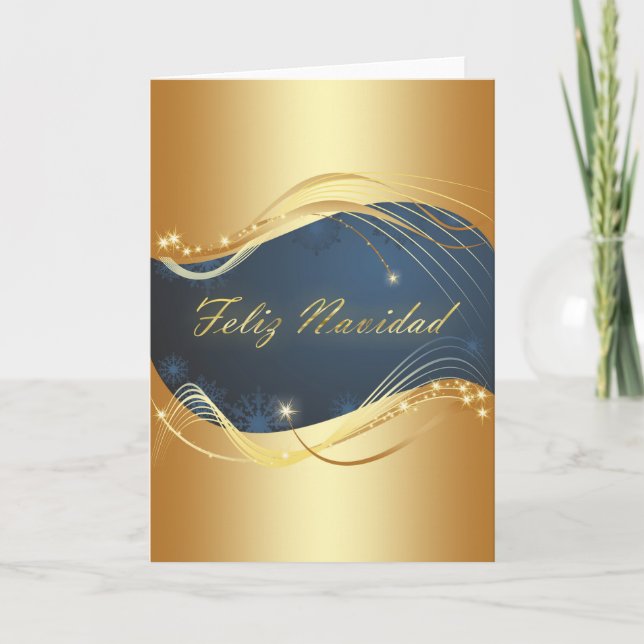 Motivo dorado de Navidad con fondo azul Holiday Card (Front)