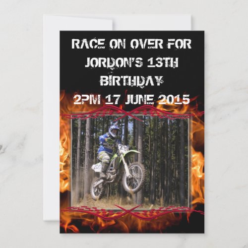 Motocross checkered flags and fire customizable invitation