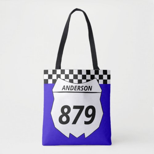 Motocross Custom Dirt Bike Number Plate on Blue Tote Bag