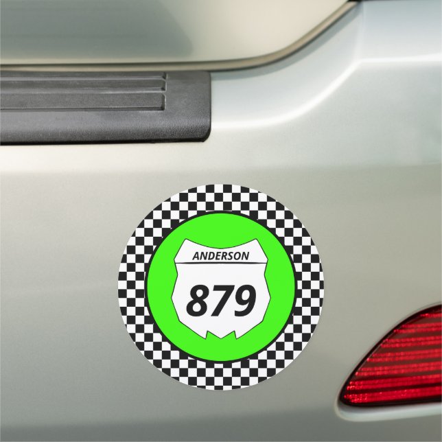Motocross Custom Dirt Bike Number Plate on Green Car Magnet (In Situ)
