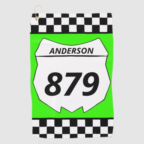 Motocross Custom Dirt Bike Number Plate on Green Golf Towel