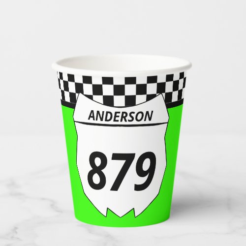 Motocross Custom Dirt Bike Number Plate on Green Paper Cups