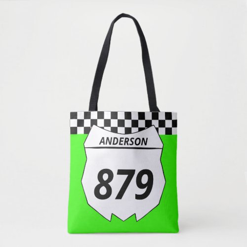 Motocross Custom Dirt Bike Number Plate on Green Tote Bag