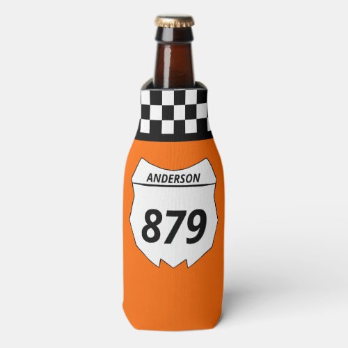 Motocross Custom Dirt Bike Number Plate on Orange Bottle Cooler