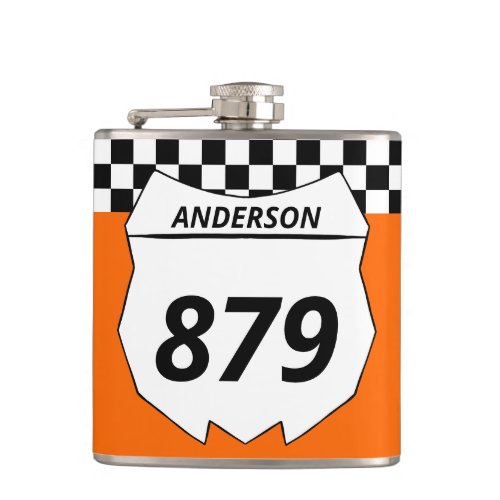 Motocross Custom Dirt Bike Number Plate on Orange Flask