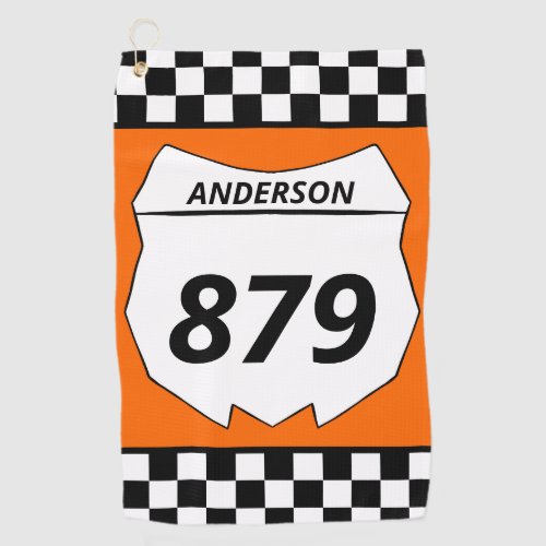 Motocross Custom Dirt Bike Number Plate on Orange Golf Towel
