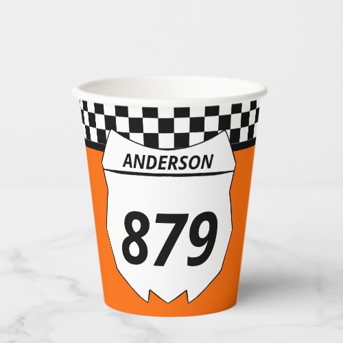 Motocross Custom Dirt Bike Number Plate on Orange Paper Cups