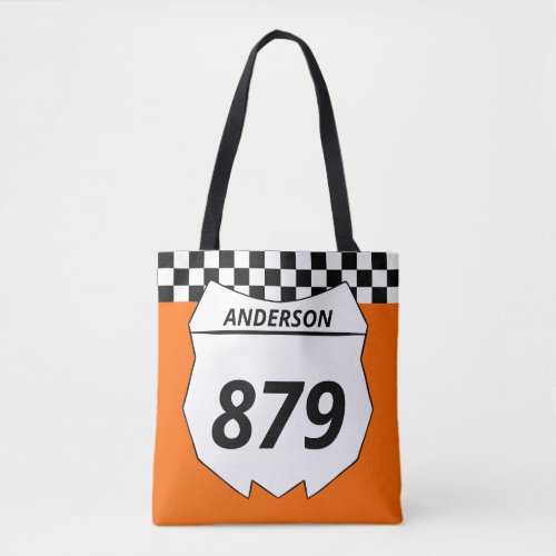 Motocross Custom Dirt Bike Number Plate on Orange Tote Bag