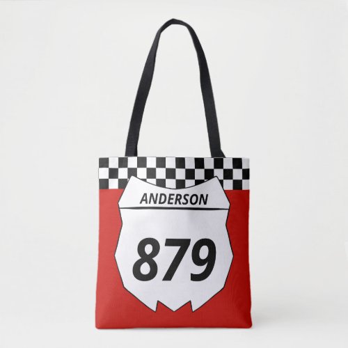 Motocross Custom Dirt Bike Number Plate on Red Tote Bag