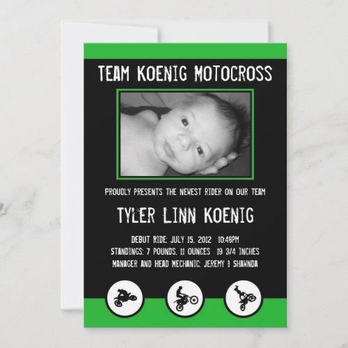 Motocross Dirt Bike Birth Announcement Green