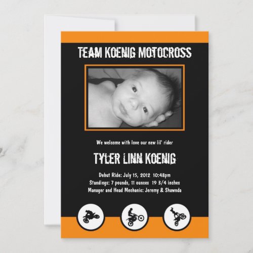 Motocross Dirt Bike Birth Announcement Orange