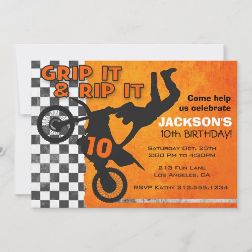 Motocross Dirt Bike Boys Birthday Party Orange Invitation