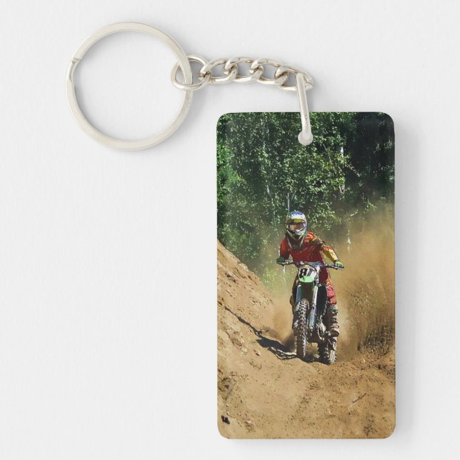 Motocross Dirt-Bike Champion Racer and Dirt Keychain (Front)