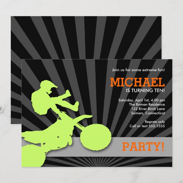 Motocross Dirtbike Invitation, Green and Orange Invitation (Front/Back)