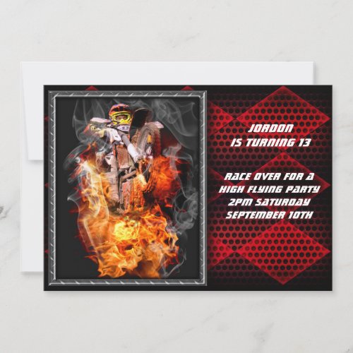 Motocross fire and metal checkered flag invitation