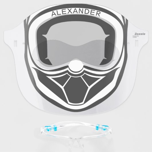 Motocross Helmet Black White Monogrammed Face Shield (Front w/Glasses)
