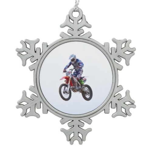 Motocross Jump Snowflake Pewter Christmas Ornament