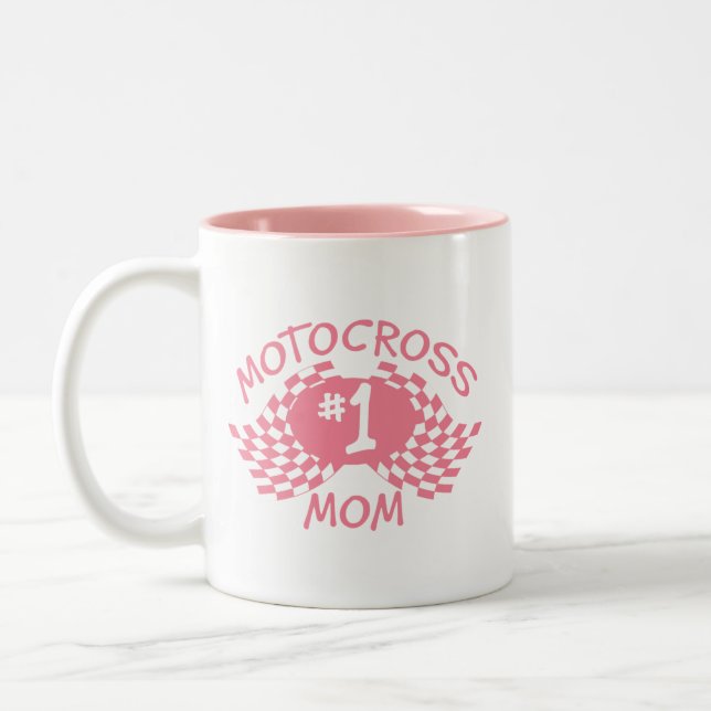 Motocross Mom Pink Racing Flags Two-Tone Coffee Mug (Left)