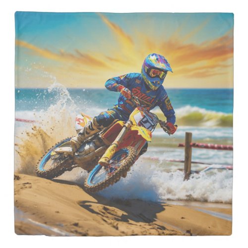 Motocross Racer at Beach Race Duvet Cover