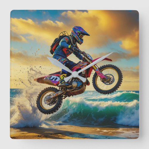 Motocross Racer at Beach Race II Square Wall Clock