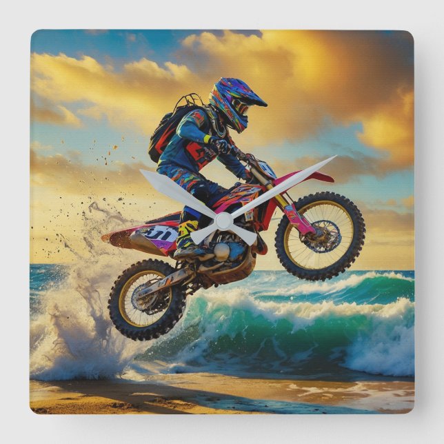 Motocross Racer at Beach Race II Square Wall Clock (Front)