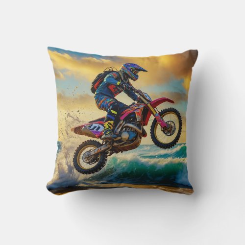 Motocross Racer at Beach Race II Throw Pillow