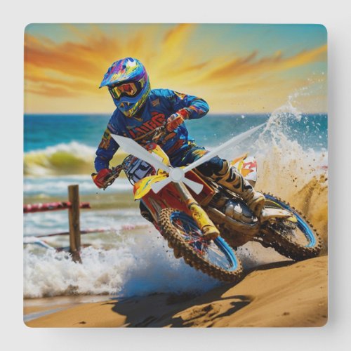 Motocross Racer at Beach Race Square Wall Clock