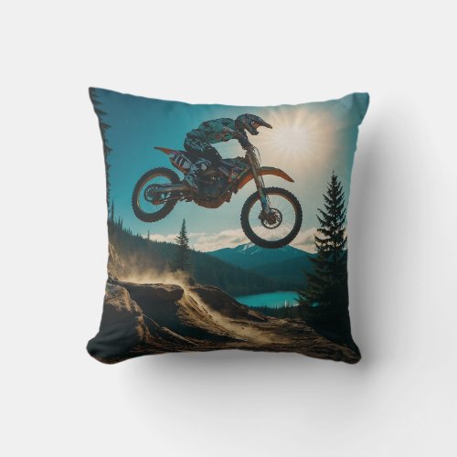 Motocross Racer at Spirit Lake Throw Pillow