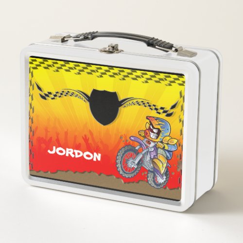 Motocross racer tearing up the track metal lunch box