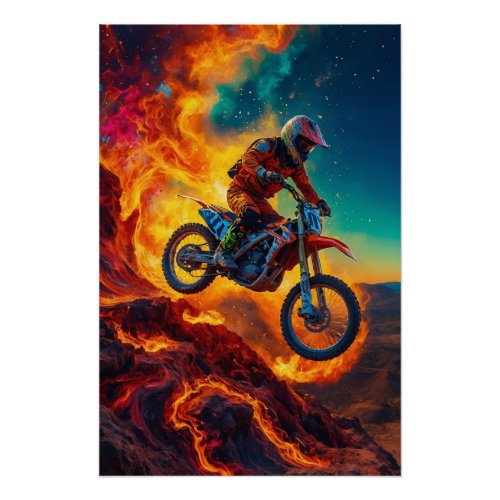 Motocross Rider Escaping Fire Poster