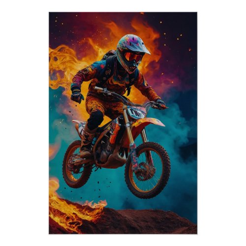 Motocross Rider Escaping Lava Poster