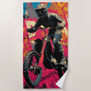 Motocross Rider Pop Art Dirt Bike Illustration Beach Towel