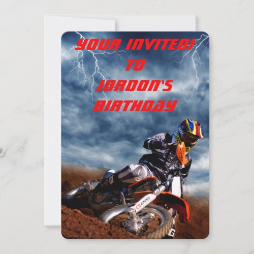 Motocross rider races through a lightning storm invitation