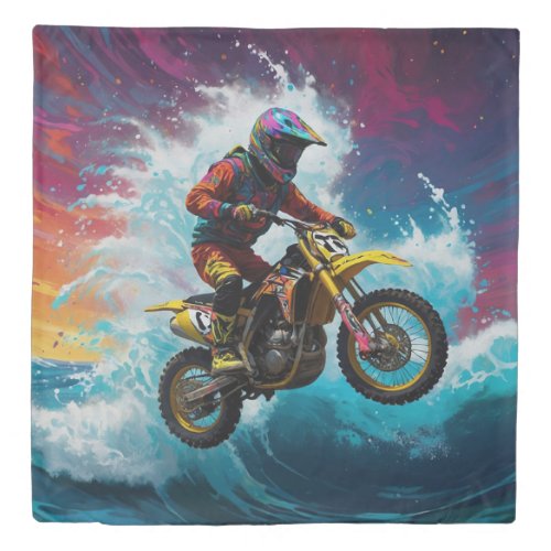 Motocross Rider Racing the Waves Duvet Cover