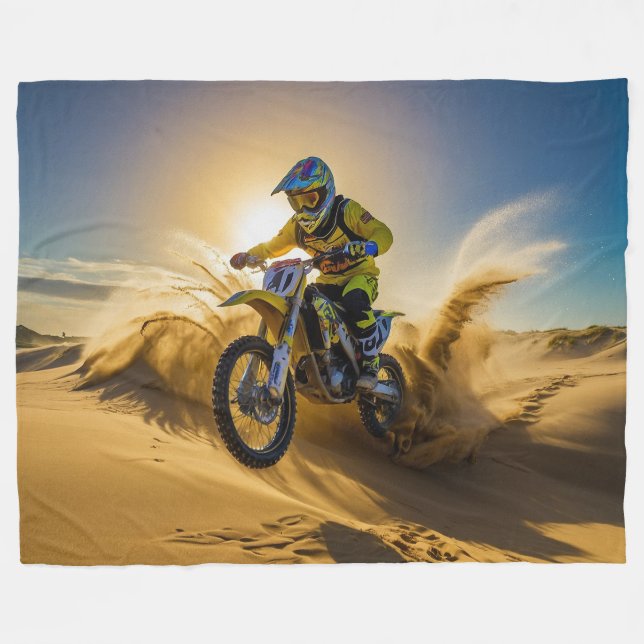 Motocross Rider Riding in the Dunes Fleece Blanket (Front (Horizontal))
