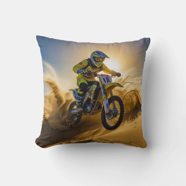 Motocross Rider Riding in the Dunes Throw Pillow (Front)