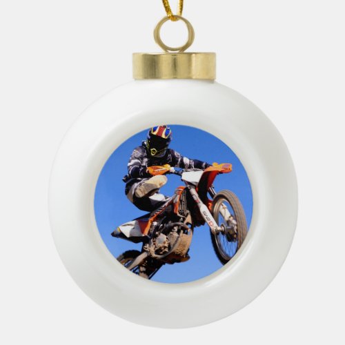 Motocross rider showing off for the camera ceramic ball christmas ornament