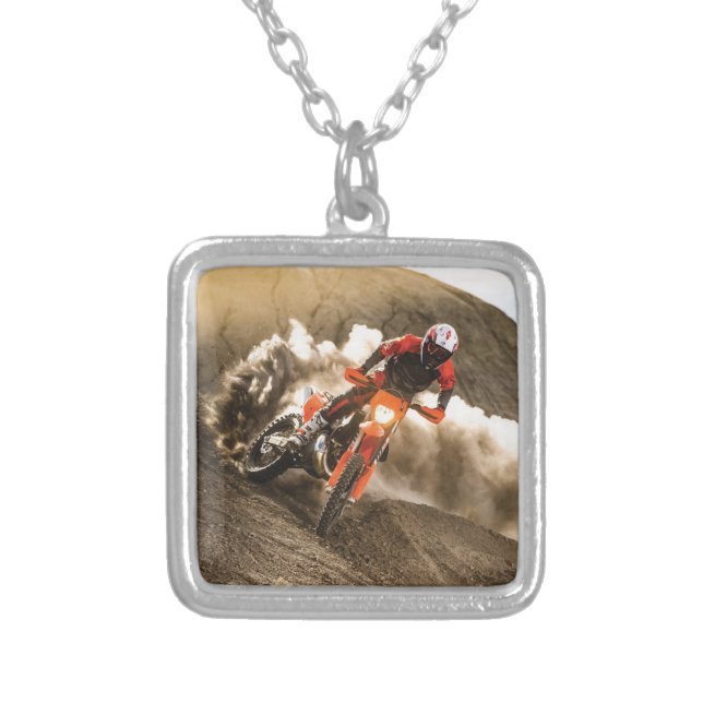 Motocross Rider Silver Plated Necklace (Front)