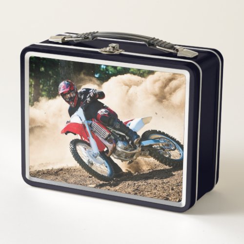 Motocross rider throw pillow metal lunch box