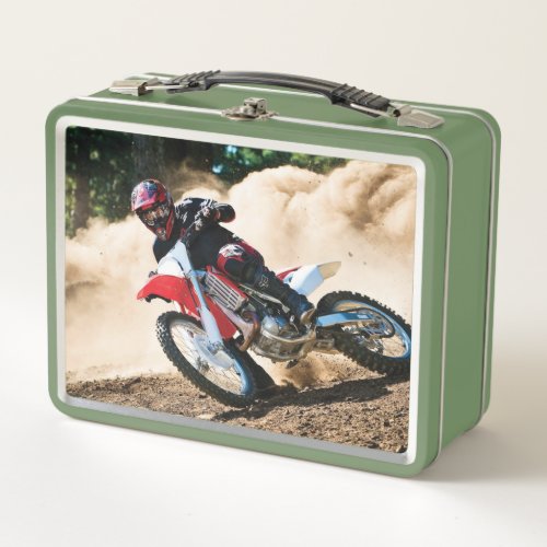 Motocross rider throw pillow metal lunch box