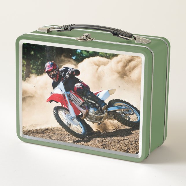 Motocross rider throw pillow metal lunch box (Front)